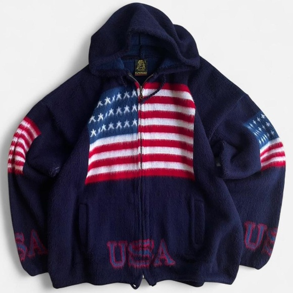 Tejidos Ruminahui Other - Tejidos Ruminahui Ecuadorian Navy Blue Wool USA American Flag Hoodie Jacket